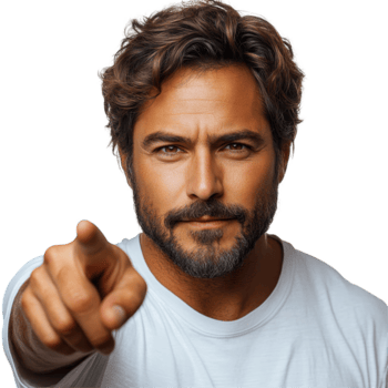 Confident man pointing directly at the camera while displaying a serious expression in a casual white t-shirt isolated on transparent background png
