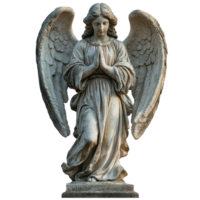 Angel statue with outstretched wings in serene pose captures tranquility and grace in a garden setting isolated on transparent background png