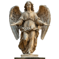 Elegant angel statue with outstretched arms, symbolizing peace and comfort in a serene garden setting isolated on transparent background png