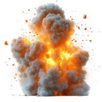 Explosive blast creating a large fireball with dense smoke rising into the air during daytime in an open area isolated on transparent background png