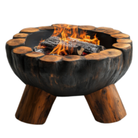 Fire pit with glowing flames surrounded by a rustic wooden design during a cozy evening gathering isolated on transparent background png