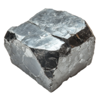 Shiny mineral block with metallic luster displayed on a white background highlighting natural texture and form isolated on transparent background png