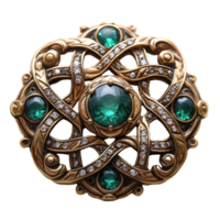 Intricate vintage brooch design featuring emerald and crystal elements isolated on transparent background png