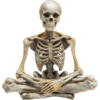 Realistic skeleton seated in a meditative pose provides an eerie yet captivating decorative element for Halloween celebrations isolated on transparent background png