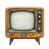 Vintage television set with a worn wooden frame on display in a rustic setting isolated on transparent background png