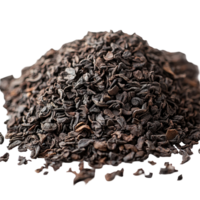 Close-up view of loose black tea leaves on a white background with texture and color details highlighted isolated on transparent background png