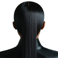 Elegant hairstyle displayed from the back with glossy long hair and sleek black attire in a studio setting isolated on transparent background png