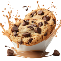 Chocolate chip cookies splash into a bowl creating a delicious dessert moment isolated on transparent background png