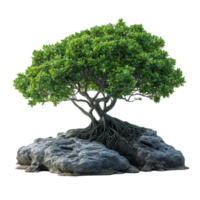 Unique tree with vibrant foliage growing from large rocks in a serene outdoor setting isolated on transparent background png
