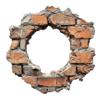 Wall fragment with a circular hole revealing empty space in a weathered brick structure isolated on transparent background png