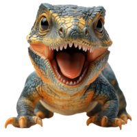 Brightly colored dinosaur toy with wide open mouth in playful pose on a white background isolated on transparent background png