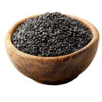 Black sesame seeds in a wooden bowl for culinary and health uses on a neutral background isolated on transparent background png