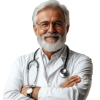 Experienced doctor with a stethoscope smiles confidently in a clinical setting during daylight hours isolated on transparent background png
