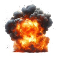 Explosive fireball erupts with thick smoke and fiery colors against a stark background during an intense blast event isolated on transparent background png