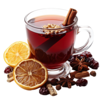 Warm spiced tea with citrus and spices served in a glass cup isolated on transparent background png