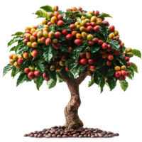 Coffee tree with ripe cherries surrounded by coffee beans in a natural setting isolated on transparent background png