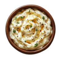 Creamy mashed potatoes topped with herbs and spices in a wooden bowl ready to serve at a family gathering isolated on transparent background png