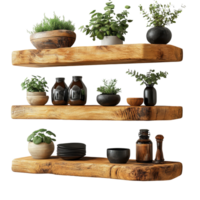 Shelves adorned with plants and decorative items in a modern home interior setting isolated on transparent background png