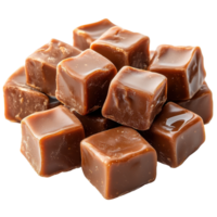 Sweet chocolate caramels arranged in a stacked formation on a plain white background isolated on transparent background png