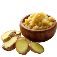Fresh ginger and ginger paste displayed in a wooden bowl on a clean surface amid vibrant kitchen surroundings isolated on transparent background png