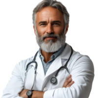 Experienced doctor with a confident smile wearing a lab coat and stethoscope against a clean background isolated on transparent background png
