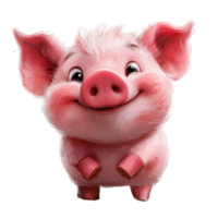 Cute cartoon piglet with a cheerful expression and fluffy pink fur, standing playfully with a bright smile isolated on transparent background png