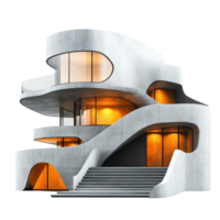 Modern architectural design featuring a fluid, sculptural building with warm lighting and unique shapes isolated on transparent background png