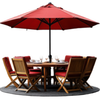 Outdoor dining set with red umbrella and wooden chairs in a cozy garden setting isolated on transparent background png