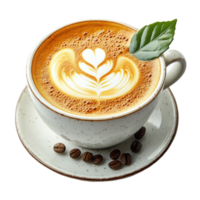 Enjoying a beautifully crafted latte with intricate latte art and a hint of mint leaf at a cozy coffee shop isolated on transparent background png