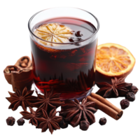 Delicious beverage featuring dark color with spices and dried citrus garnishing on a smooth surface isolated on transparent background png