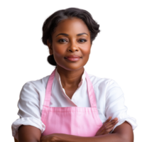 Expert chef displays confidence with crossed arms in a pink apron in a modern kitchen setting ready to cook a delicious meal isolated on transparent background png