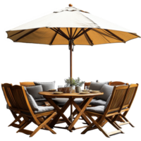 Outdoor dining set featuring a large umbrella and comfortable seating with a rustic design in a serene garden setting isolated on transparent background png