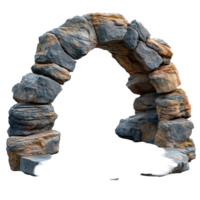 Large stone arch created from natural rocks, providing an entrance to a garden or a path in a landscape setting isolated on transparent background png