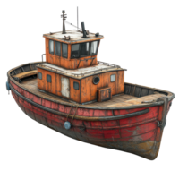 Weathered fishing boat docked by the harbor showcasing rustic charm and vibrant colors under clear sky isolated on transparent background png