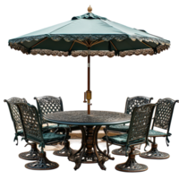 Outdoor dining set with ornate metal chairs and umbrella at a sunny patio in a garden isolated on transparent background png