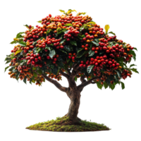 Red fruit tree with abundant berries standing on green moss in natural setting isolated on transparent background png