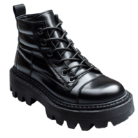 Stylish black lace-up boots with chunky soles suitable for casual and trendy outfits in various weather conditions isolated on transparent background png