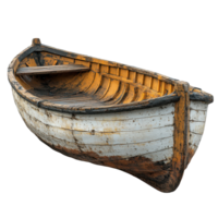 alt hölzern Angeln Boot ruhen auf Ufer zeigen Zeichen von tragen und Alter im ein Küsten Rahmen isoliert auf transparent Hintergrund png