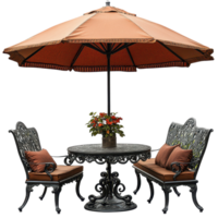 Elegant outdoor table and chairs set with umbrella and flowers in a sunny garden isolated on transparent background png