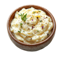Creamy garlic mashed potatoes served in a rustic bowl garnished with herbs and spices for added flavor isolated on transparent background png