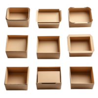 Different shapes and sizes of empty cardboard boxes arranged in a grid pattern isolated on transparent background png