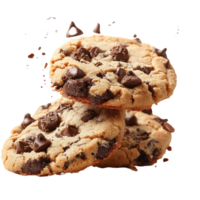 Freshly baked chocolate chip cookies stacked on top of each other with chocolate morsels scattering isolated on transparent background png