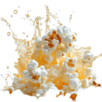 Popcorn splashes into a fizzy drink, creating an energetic reaction in a fun kitchen setting isolated on transparent background png