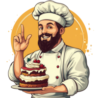 Professional baker presents a delicious layered cake with frosting and cherries in a cheerful kitchen setting isolated on transparent background png