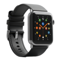Modern smartwatch with colorful interface and black leather strap on a white background showcasing digital features isolated on transparent background png
