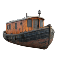 Old tugboat rests on the shore in a deserted location showcasing weathered wood and rusted details isolated on transparent background png