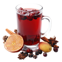 Warm beverage with spices, fruits, and berries served in a glass mug on a white background isolated on transparent background png