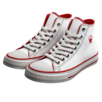 Stylish white high-top sneakers with red accents suitable for casual wear in any season isolated on transparent background png