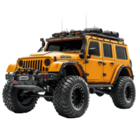 Custom-built yellow off-road vehicle with oversized tires and rugged accessories ready for adventure isolated on transparent background png