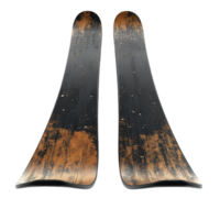 Old wooden skis lay on a white surface showcasing wear and character from years of use in snowy mountains isolated on transparent background png